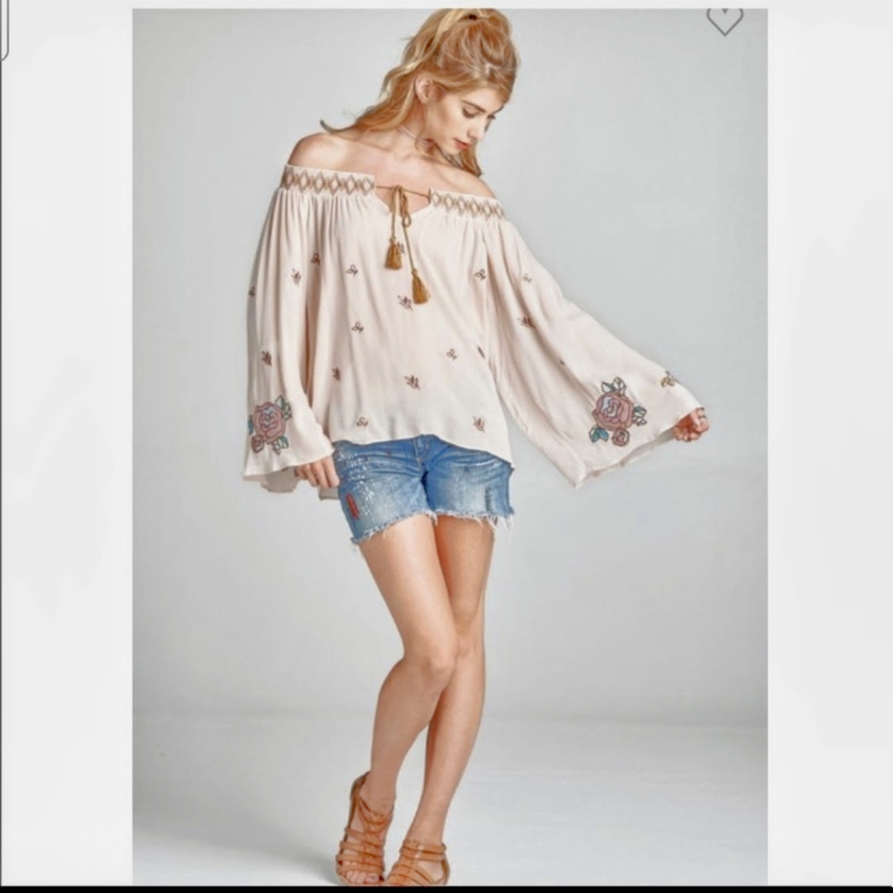 Ivory women's bohemian tunic with embroidery flowers all about
